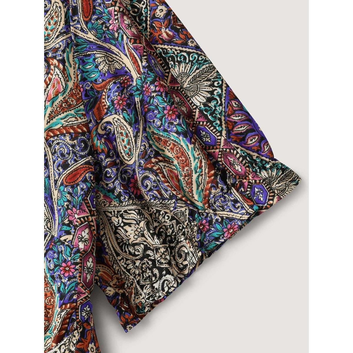 Plus Size Boho Print Overlap Hem Belted Midi Dress Multicolor Women Overlapping Overlap Collar Short sleeve Curvy BloomChic 26/4X Product Image