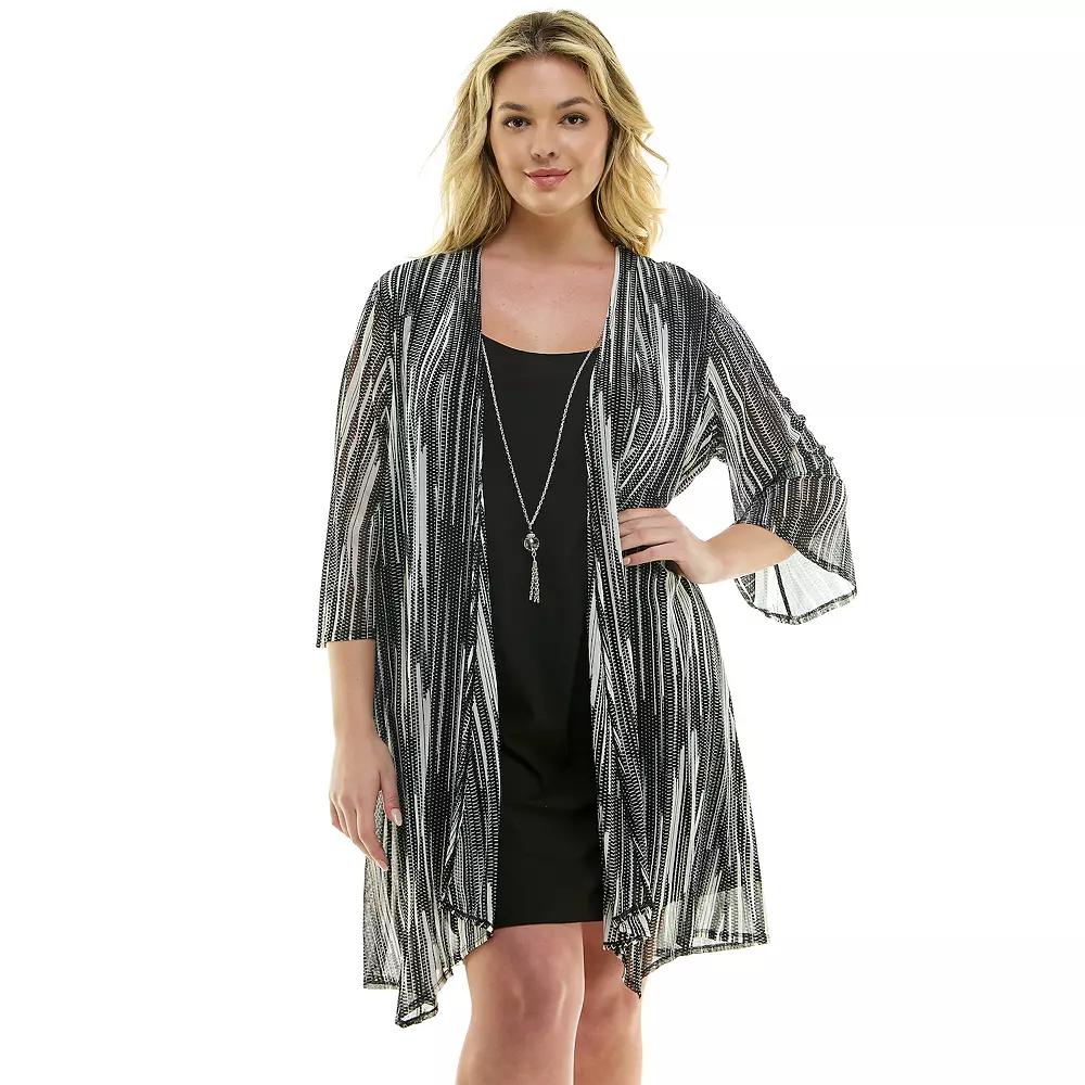 Plus Size Luxology 2-Piece 3/4 Sleeve Cardigan & Dress Set, Women's, Size: 2XL, Black Cream Product Image