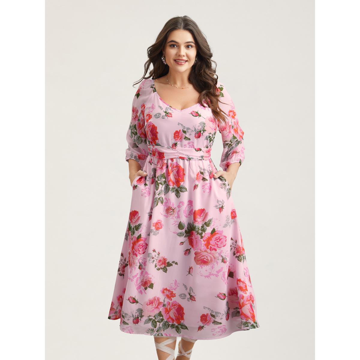 Plus Size Rosy Print Pockets Pleated Midi Dress MistyRose Women Elegant Gathered V-neck Elbow-length sleeve Curvy BloomChic 22-24/3X Product Image