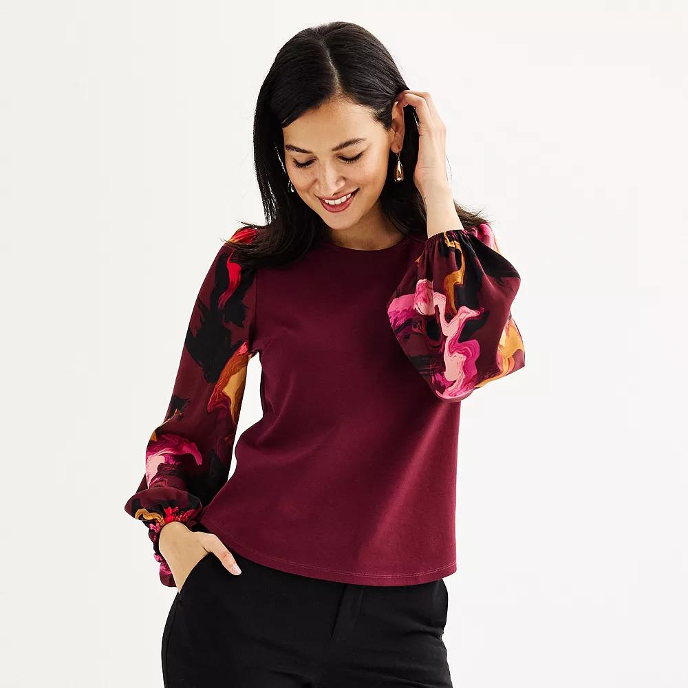 Women's Nine West Puff-Sleeve Mixed Media Top, Size: XS, Maddie Purple Product Image