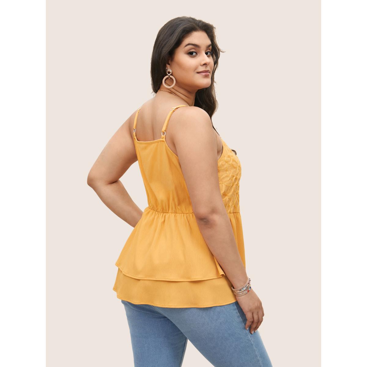 Plus Size Floral Texture Ruffle Layered Hem Cami Top Women Orange Resort Woven ribbon&lace trim Non Vacation Tank Tops Camis BloomChic 22-24/3X Product Image