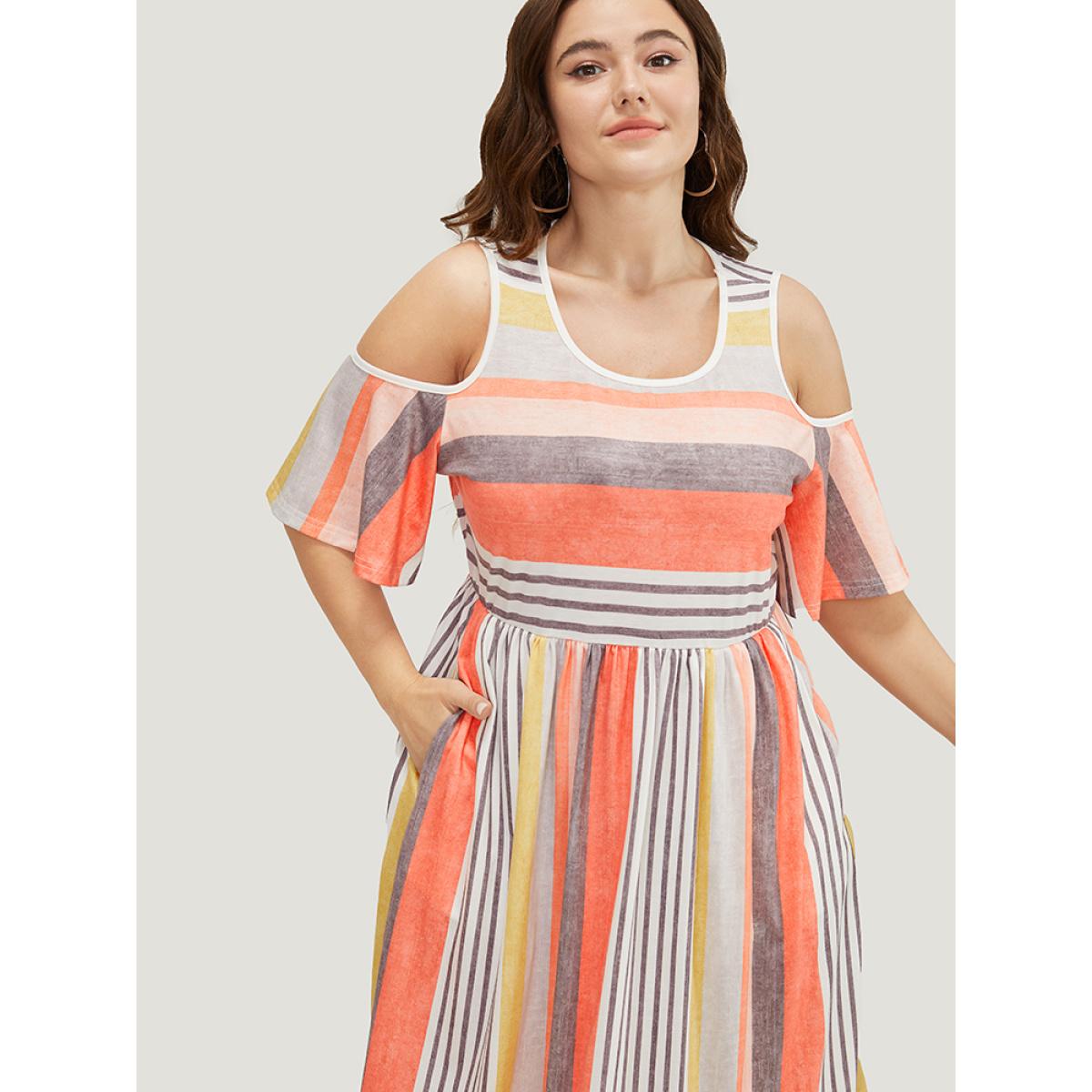 Plus Size Striped Contrast Pocket Cold Shoulder Ruffle Midi Dress Multicolor Women Casual Contrast Cold Shoulder Short sleeve Curvy Midi Dress BloomChic 10/M Product Image