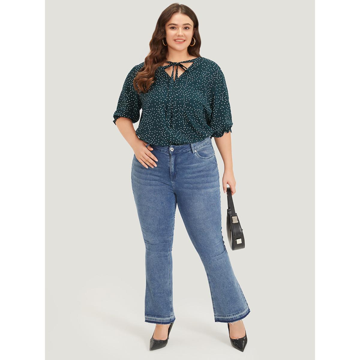 Plus Size DarkGreen Polka Dot Knot Neck Lantern Sleeve Blouse Women Office Half Sleeve Tie Neck Work Blouses BloomChic 22-24/3X Product Image