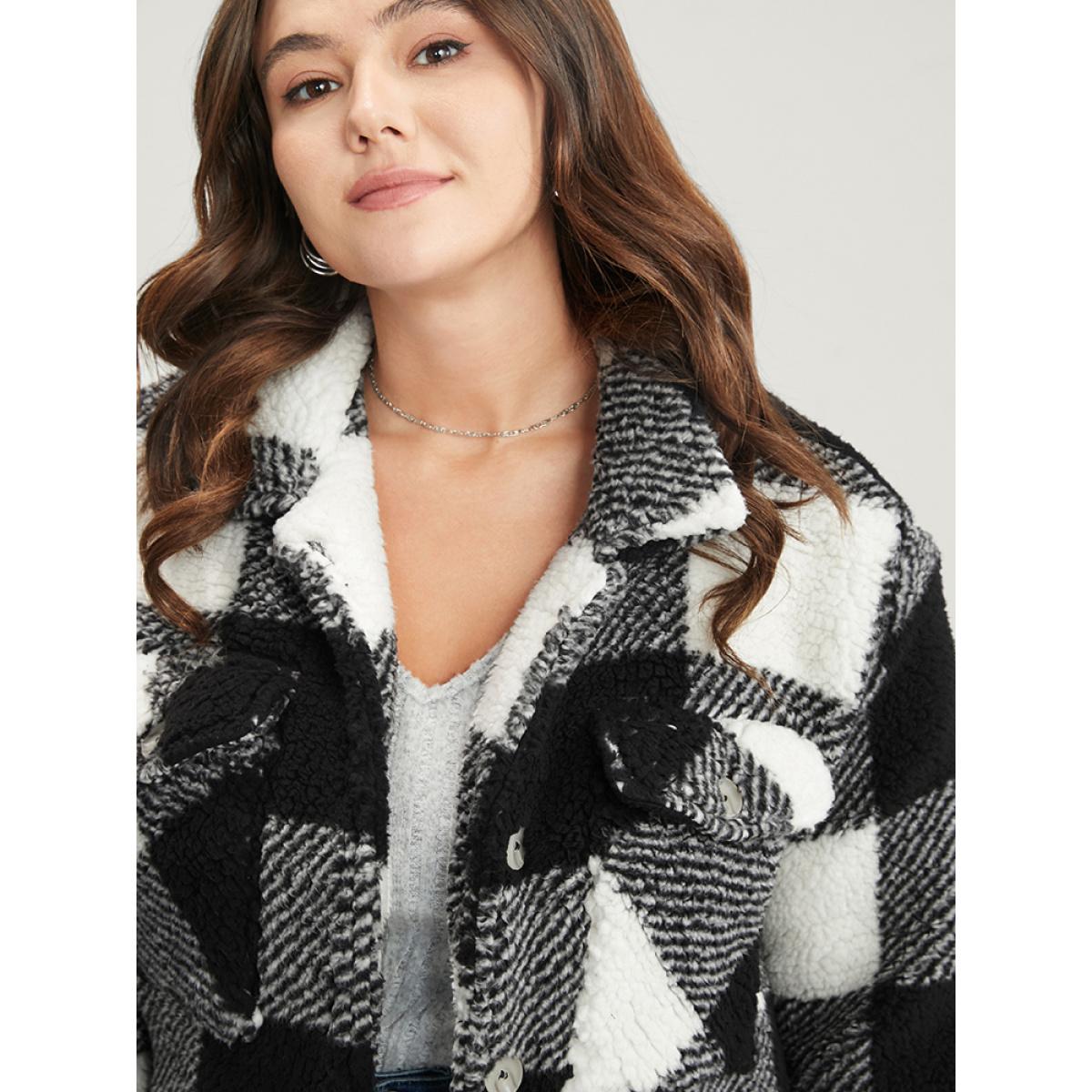 Plus Size Plaid Flap Pocket Button Front Coat Women Black Casual Button Ladies Dailywear Winter Coats BloomChic 30/6X Product Image