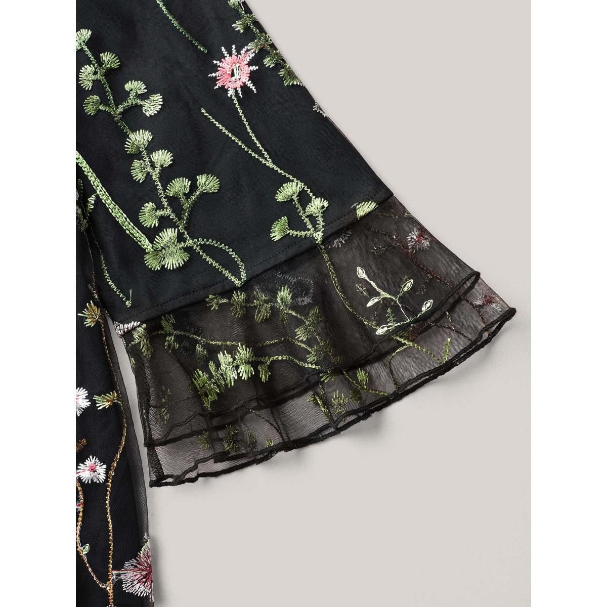 Plus Size Black Embroidered Mesh Lotus Leaf Sleeve Blouse Women Elegant Elbow-length sleeve V-neck Everyday Blouses BloomChic 28/5X Product Image