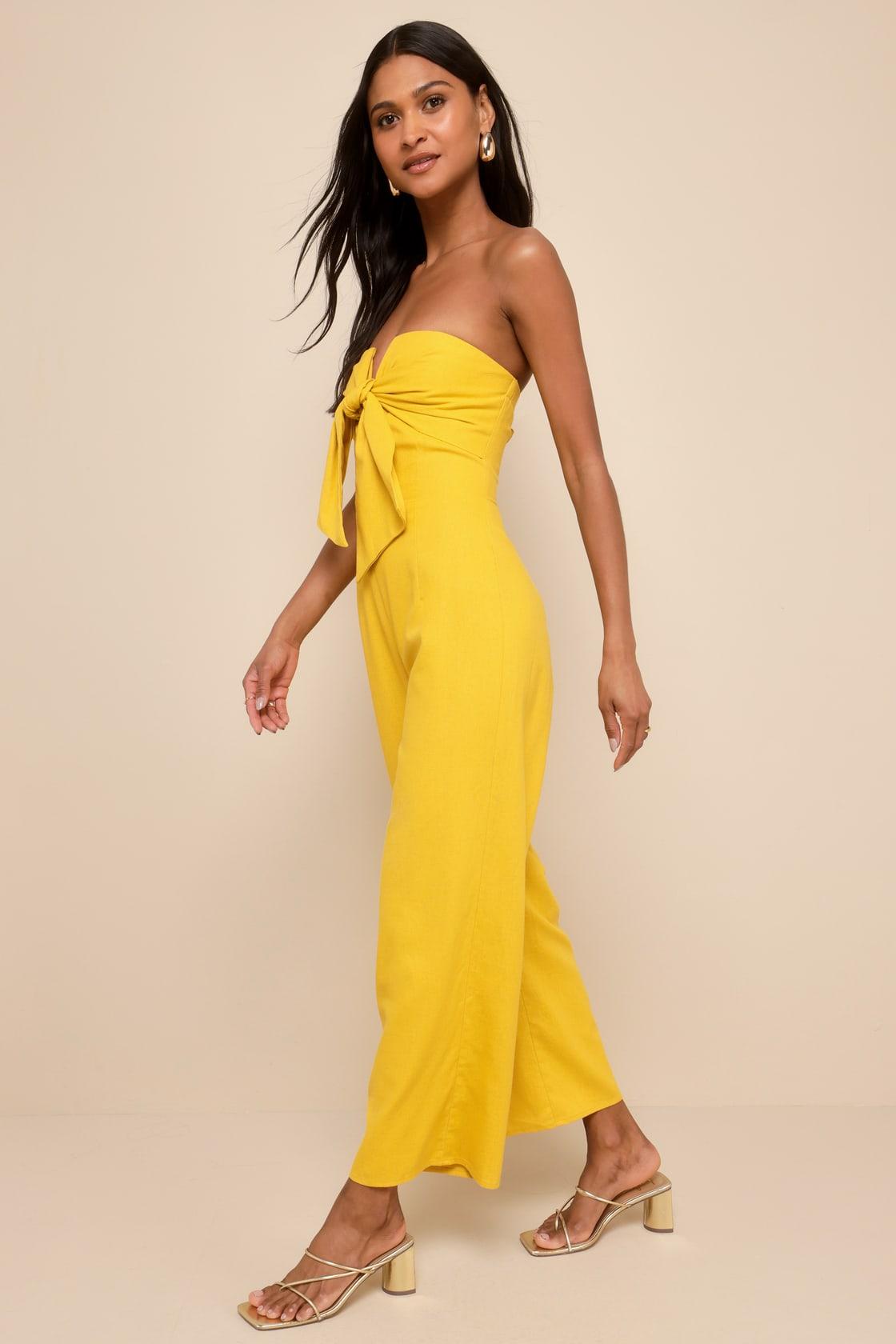 Sunshine Aura Mustard Yellow Tie-Front Strapless Jumpsuit Product Image
