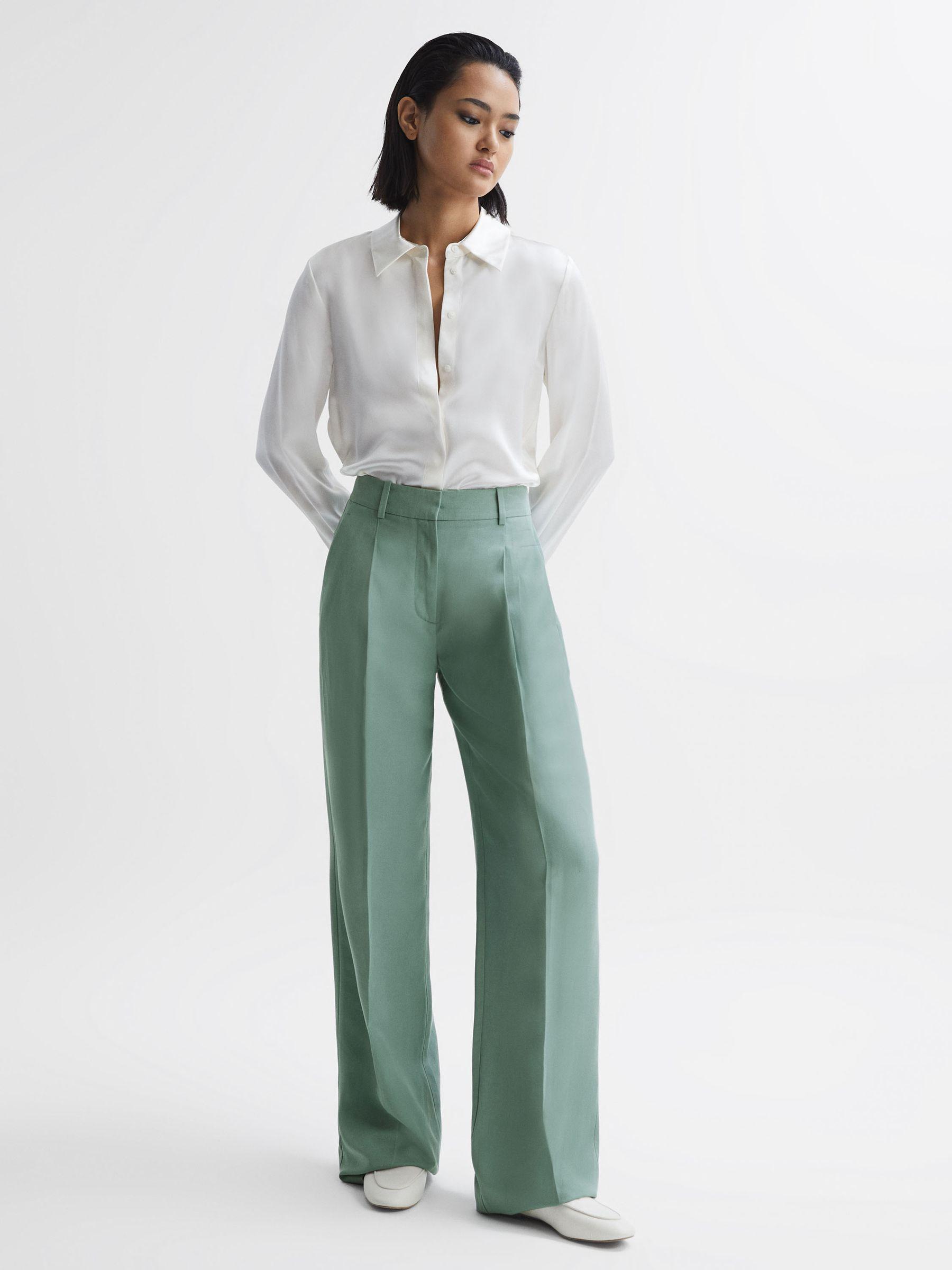 Linen Blend Wide Leg Trousers in Teal Product Image
