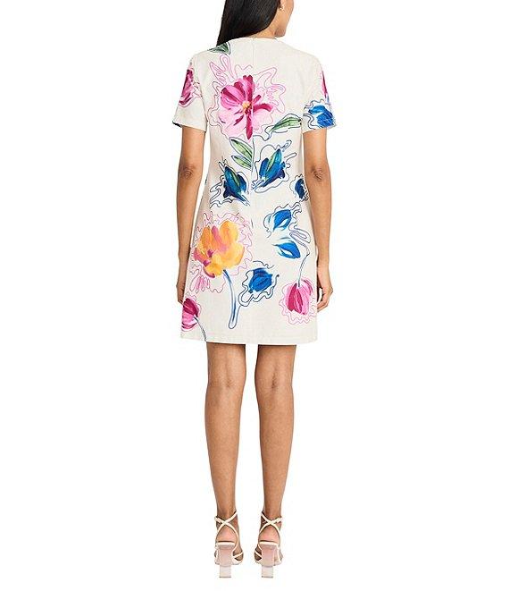 Maggy London Poplin Floral Print Crew Neck Short Sleeve Shift Mini Dress Product Image
