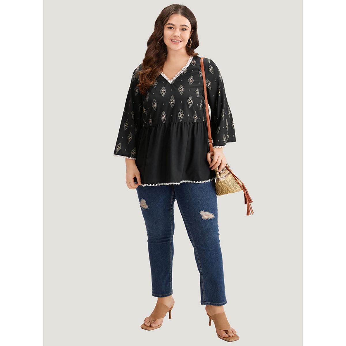 Plus Size Black Boho Print Guipure Lace V Neck Bell Sleeve Blouse Women Vacation Elbow-length sleeve V-neck Dailywear Blouses BloomChic 26/4X Product Image