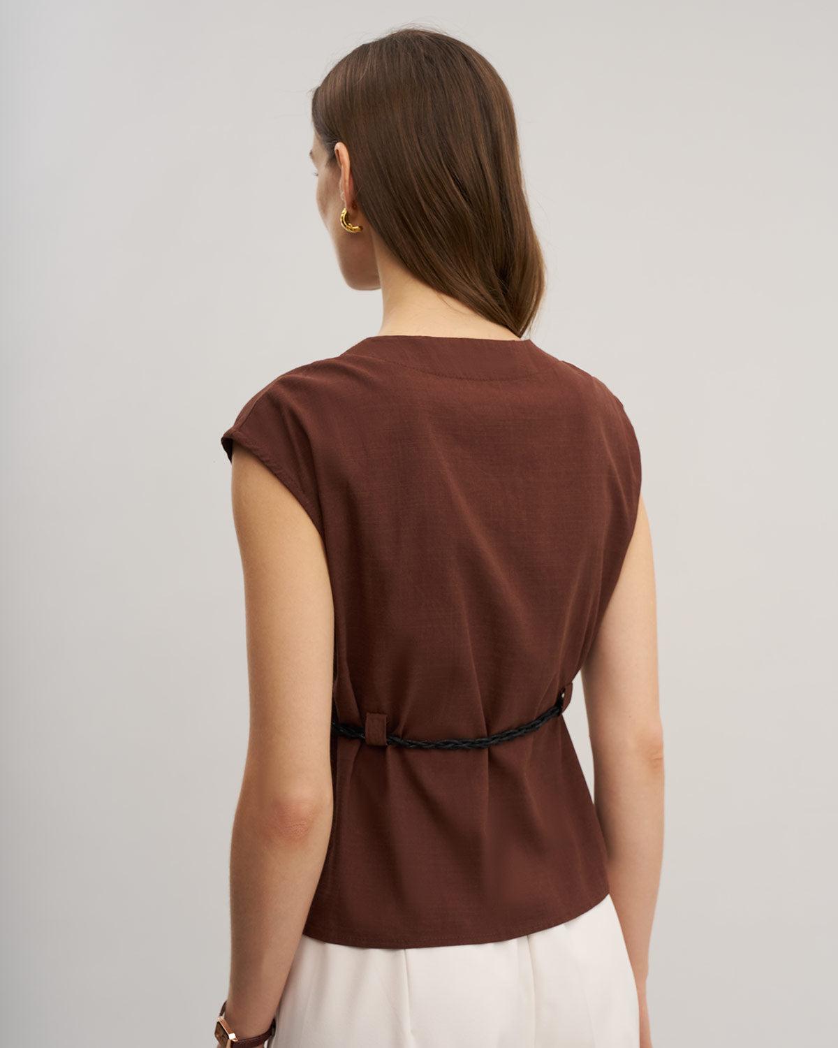 Coffee Round Neck Belted Blouse Product Image