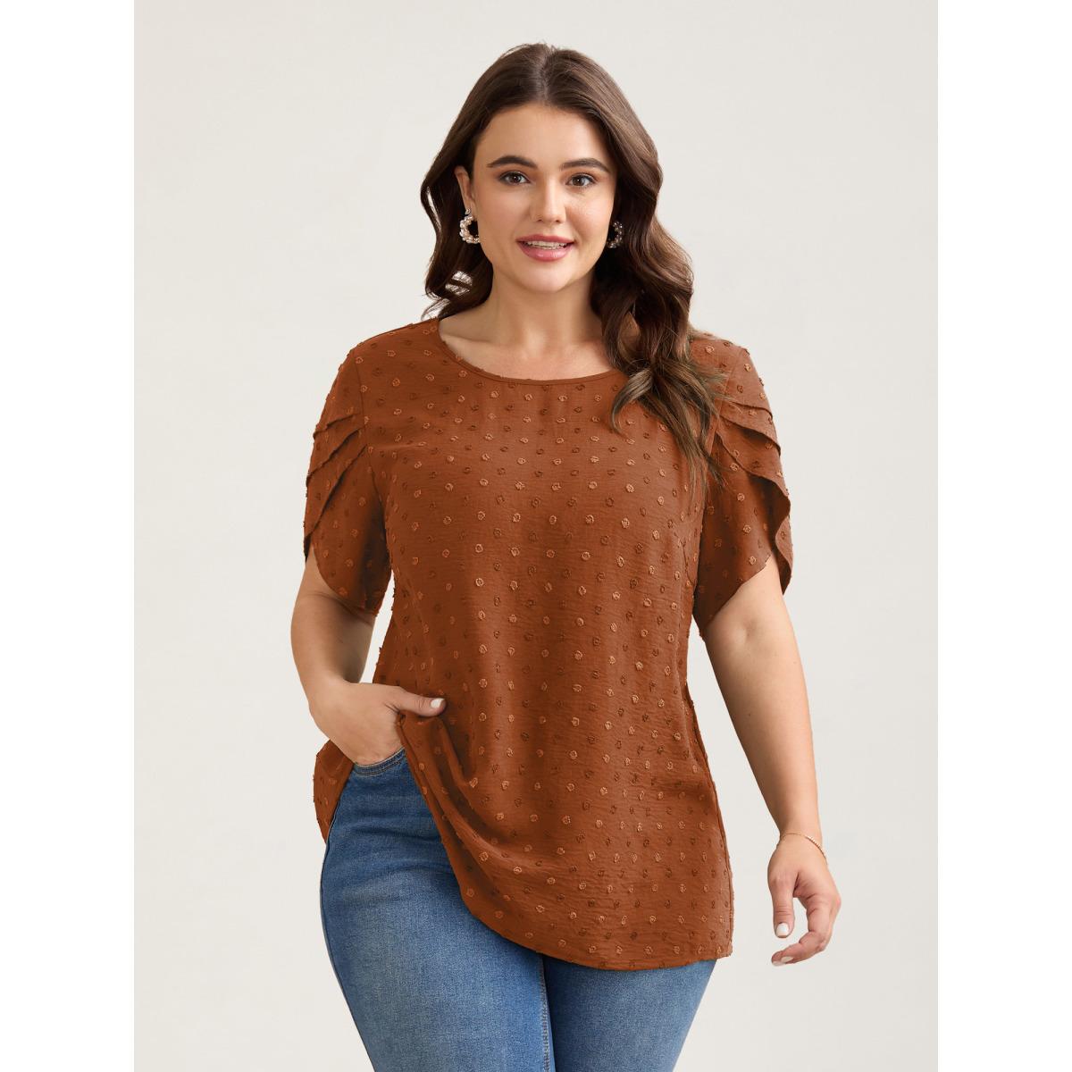 Plus Size Browncoffeecolor Textured Color Contrast Petal Sleeve Blouse Women Timeless Short sleeve Round Neck Elegant Blouses BloomChic 26/4X Product Image