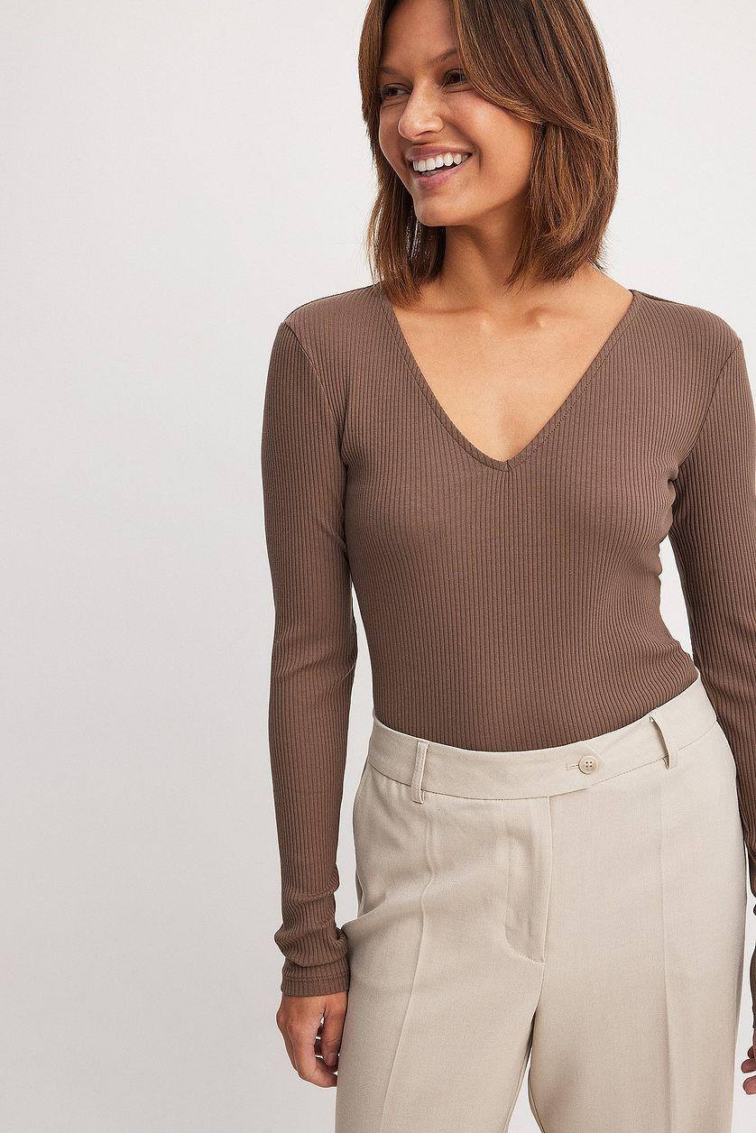 V-Neck Ribbed Long Sleeve Top Product Image