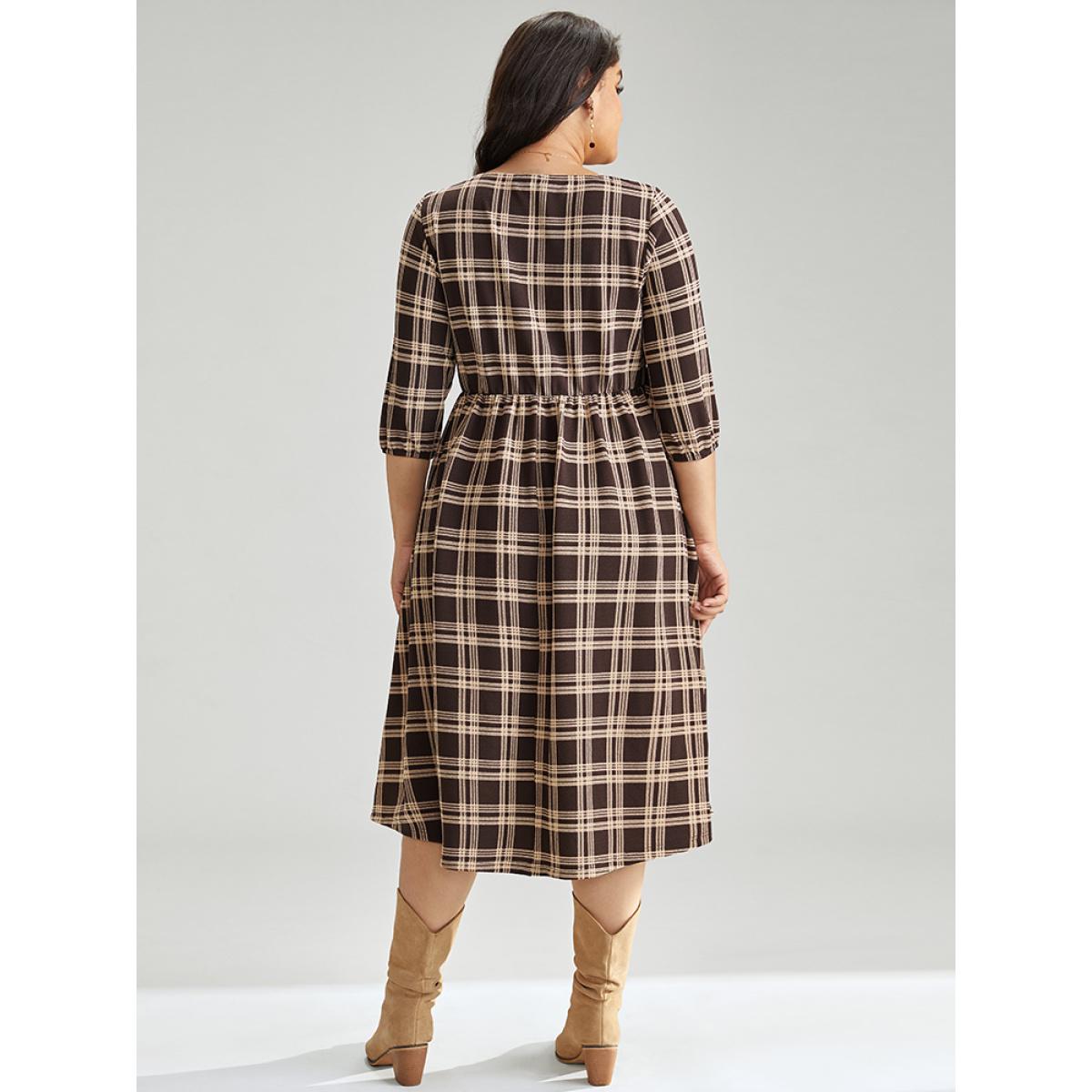 Plus Size Plaid Pocket Elastic Waist Square Neck Lantern Sleeve Dress DarkBrown Women Casual Elastic cuffs Square Neck Elbow-length sleeve Curvy Midi Dress BloomChic 18-20/2X Product Image