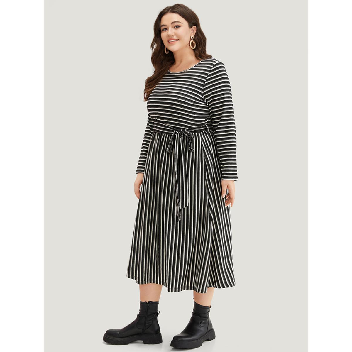 Plus Size Striped Round Neck Belted Dress Black Women Casual Belted Round Neck Long Sleeve Curvy Midi Dress BloomChic 26/4X Product Image