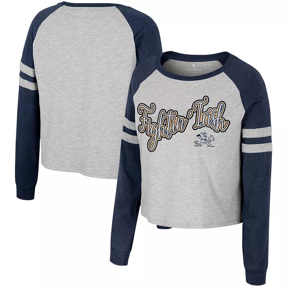 Women's Colosseum Heather Gray Notre Dame Fighting Irish I'm Gliding Here Raglan Long Sleeve Cropped T-Shirt,  Product Image