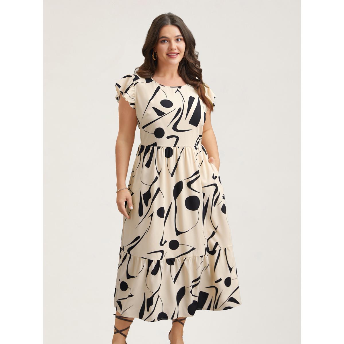 Plus Size Geometric Print Flutter Sleeve Tiered Midi Dress Apricot Women Elegant Ruffles Round Neck Cap Sleeve Curvy BloomChic 30/6X Product Image