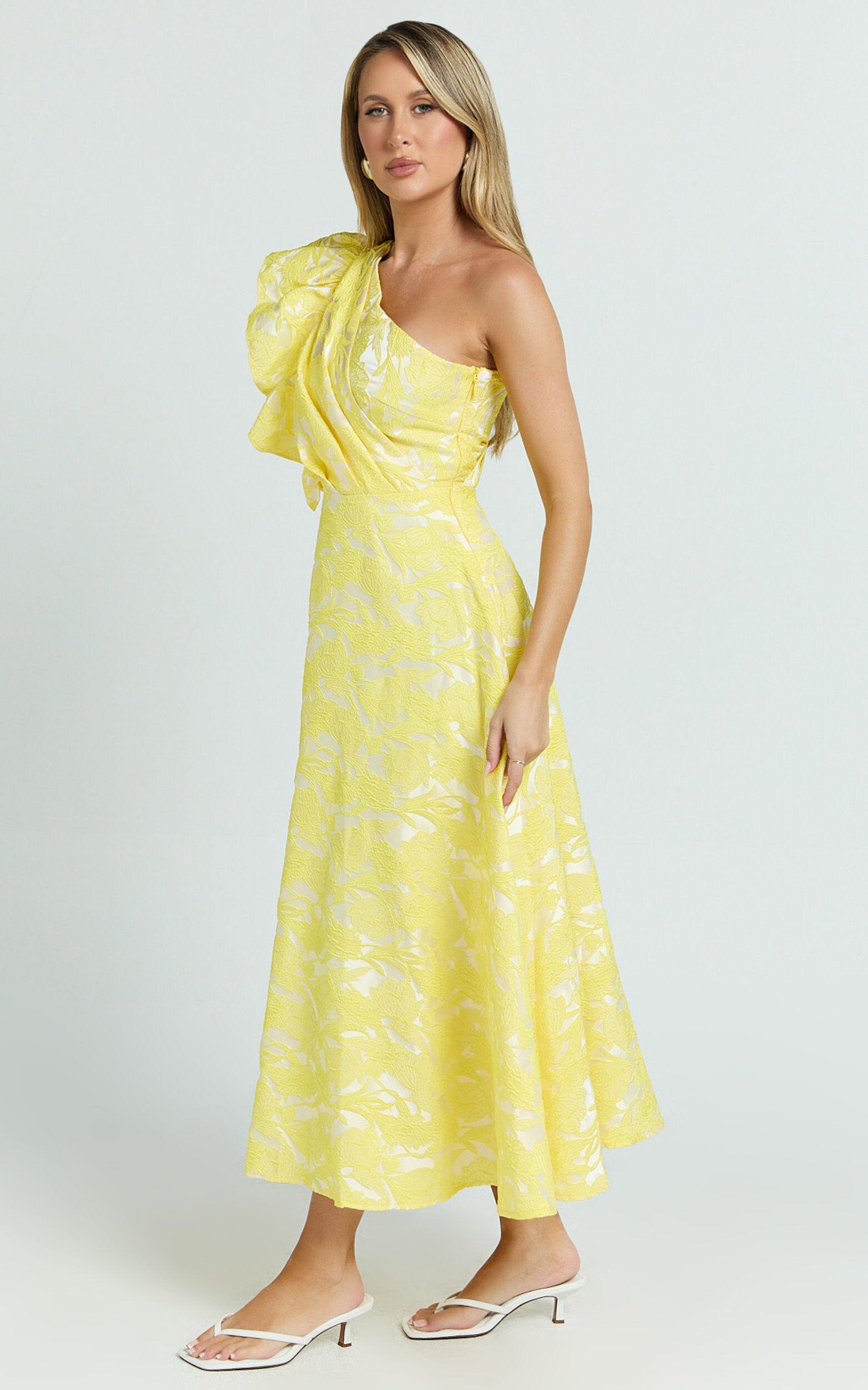 Alfreda Midi Dress - One Shoulder Ruffle Detail Brailey Jacquard Dress in Yellow Jacquard Product Image