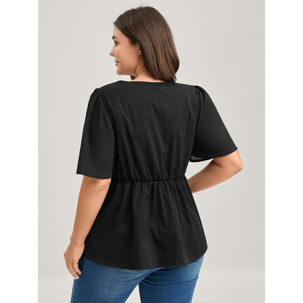 Plus Size Black Cinched Flared Waist Button Detail Blouse Women Timeless Short sleeve V-neck Elegant Blouses BloomChic 14-16/1X Product Image