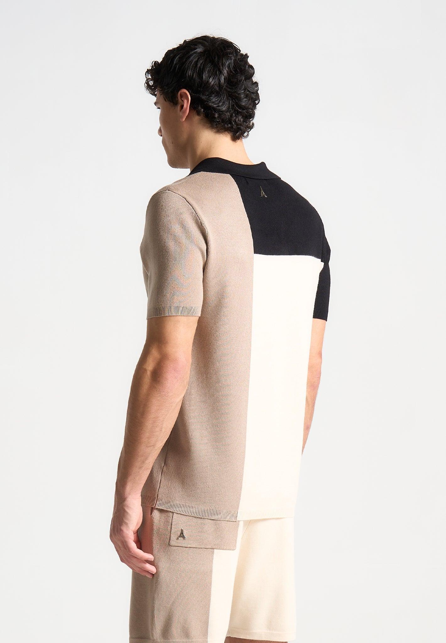 Colour Block Knit Revere Polo Top - Black/Beige Male Product Image