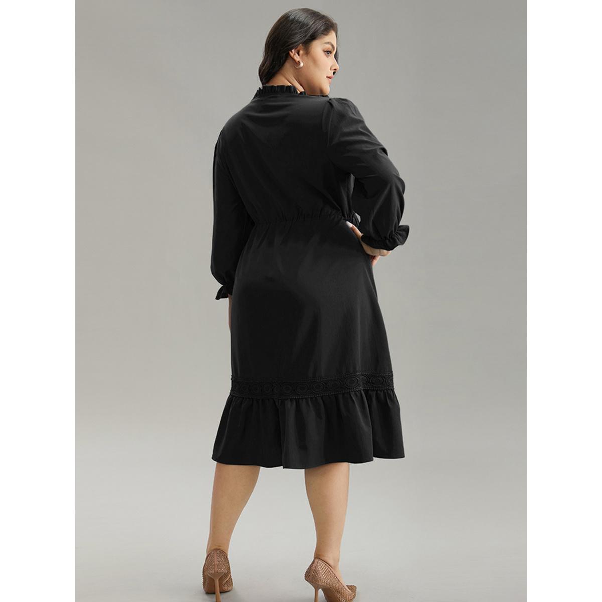Plus Size Solid Frill Trim Guipure Lace Flutter Sleeve Dress Black Women At the Office Plain Notched collar Long Sleeve Curvy Midi Dress BloomChic 10/M Product Image
