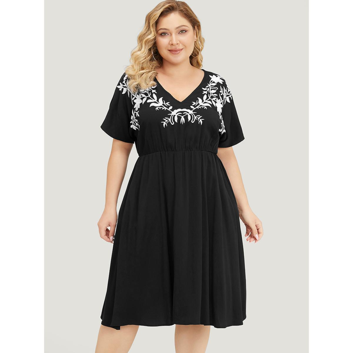Plus Size Floral Embroidered Pocket Dolman Sleeve Ruffle Dress Black Women Vacation Embroidered V-neck Short sleeve Curvy Knee Dress BloomChic 22-24/3X Product Image