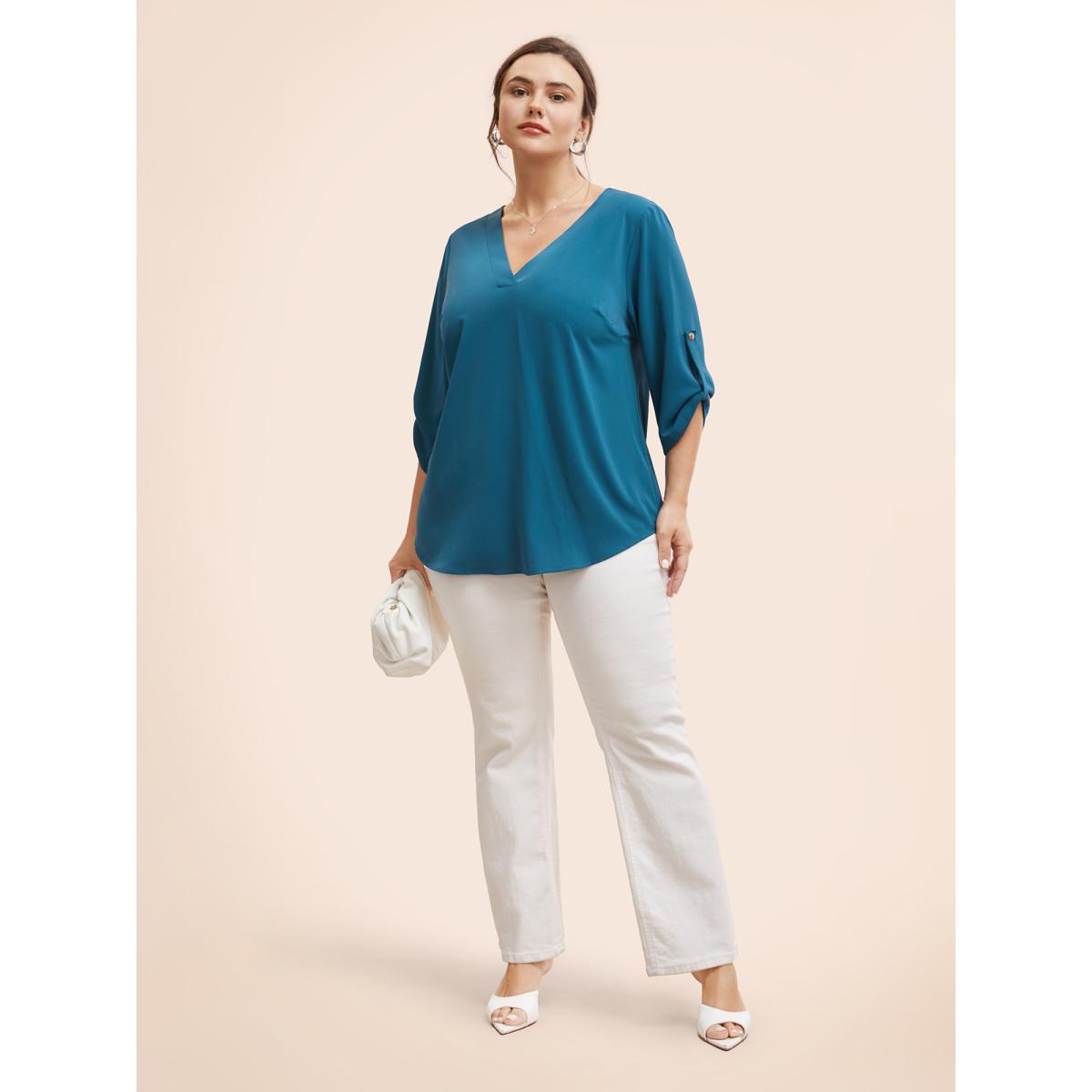 Plus Size Aegean Solid Cuffed Sleeve Gathered Curved Hem Blouse Women Office Elbow-length sleeve V-neck Office Blouses BloomChic 18-20/2X Product Image