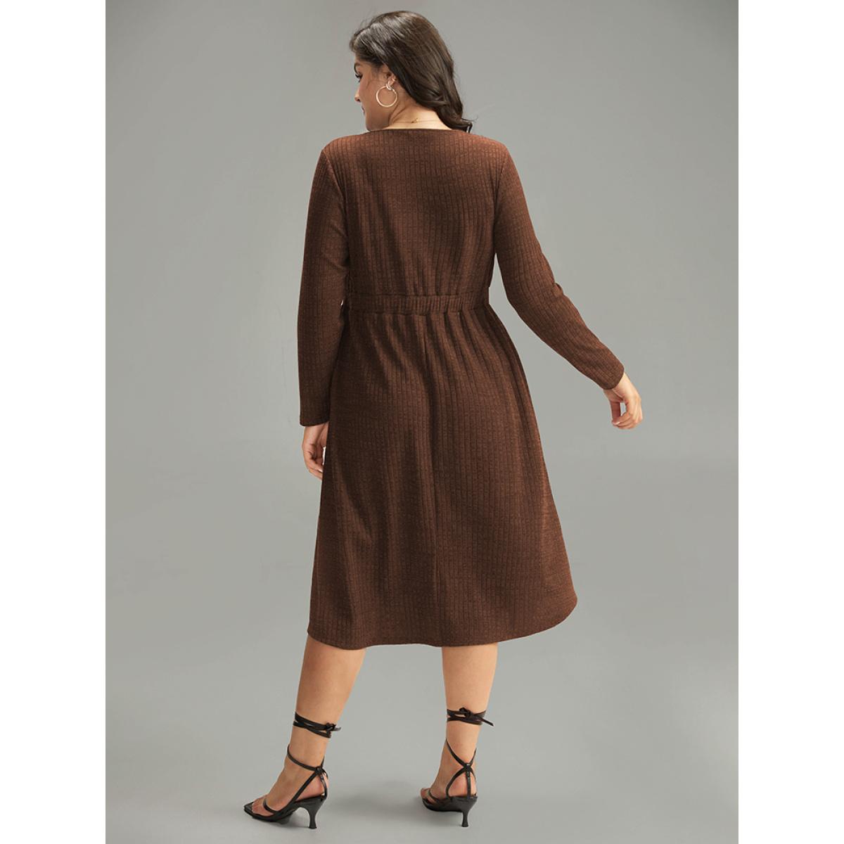 Plus Size Rib Knit Button Detail Pocket Dress Chocolate Women Casual Plain V-neck Long Sleeve Curvy Midi Dress BloomChic 26/4X Product Image