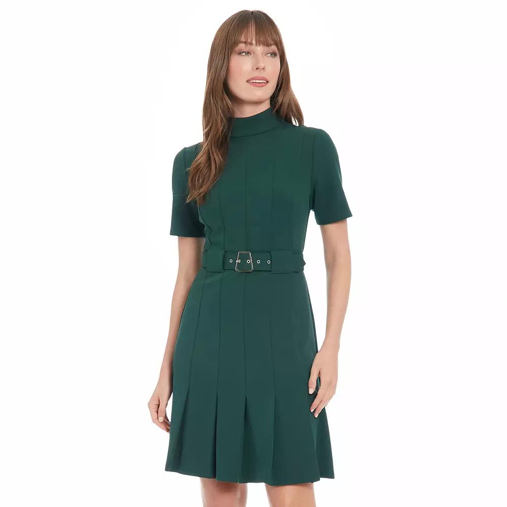 Women's London Times Mock Neck Belted Pleated Dress,  Product Image