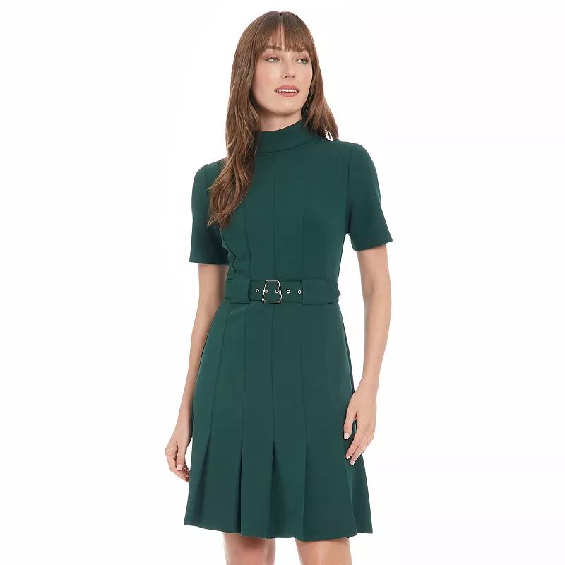 Women's London Times Mock Neck Belted Pleated Dress,  Product Image