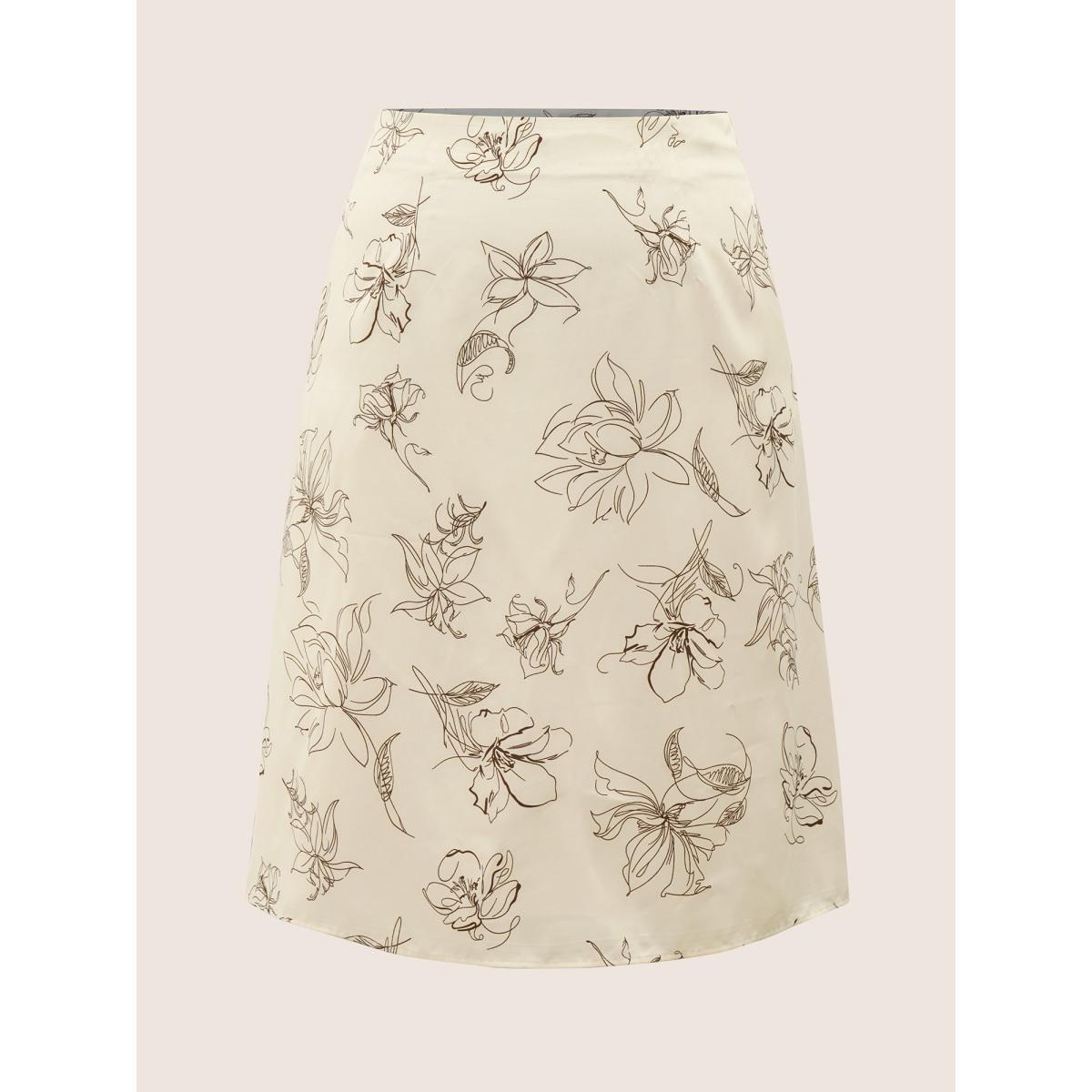 Plus Size Floral Print Pocket Zipper Fly Skirt Women Apricot Elegant Non No stretch Slanted pocket Everyday Skirts BloomChic 12/L Product Image