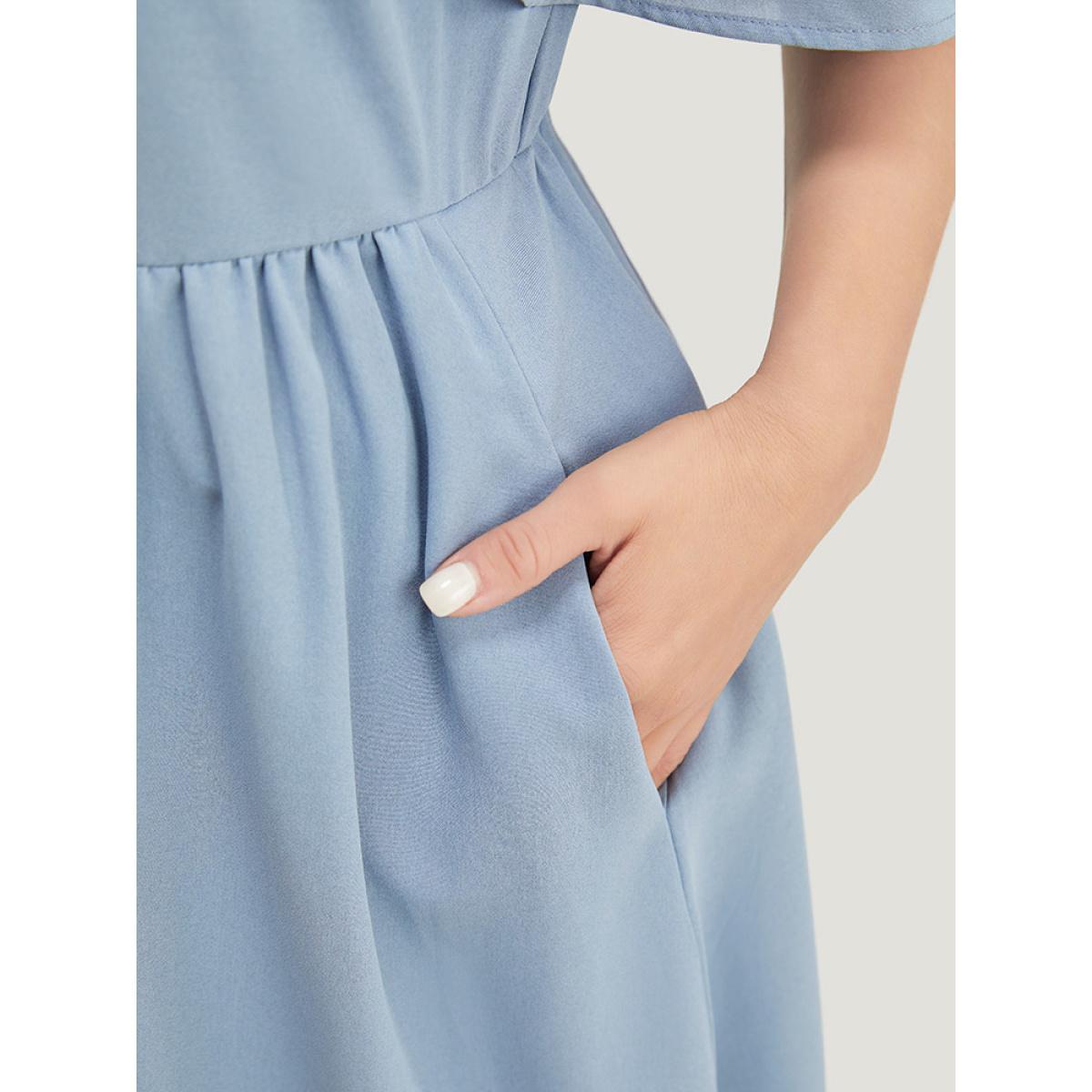 Plus Size Plain Ruffle Trim Pocket Cold Shoulder Button Detail Dress Stone Women Vacation Adjustable Straps One-shoulder neck Short sleeve Curvy Midi Dress BloomChic 12/L Product Image