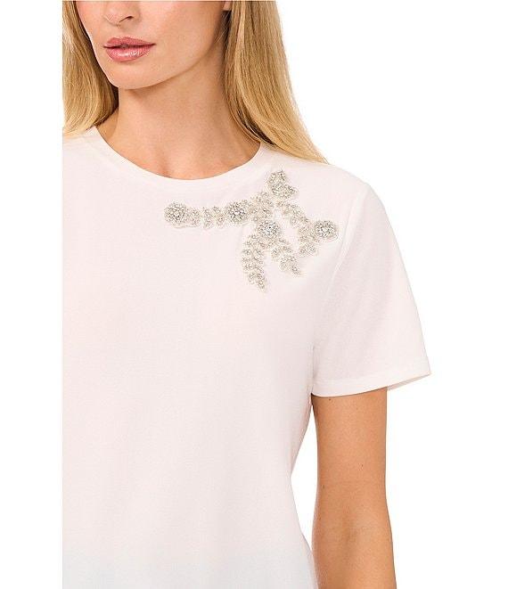 CeCe Knit Crew Neck Short Sleeve Embellished Tee Product Image