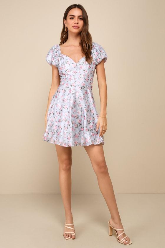 Charmingly Romantic Blue Floral Burnout Puff Sleeve Mini Dress Product Image