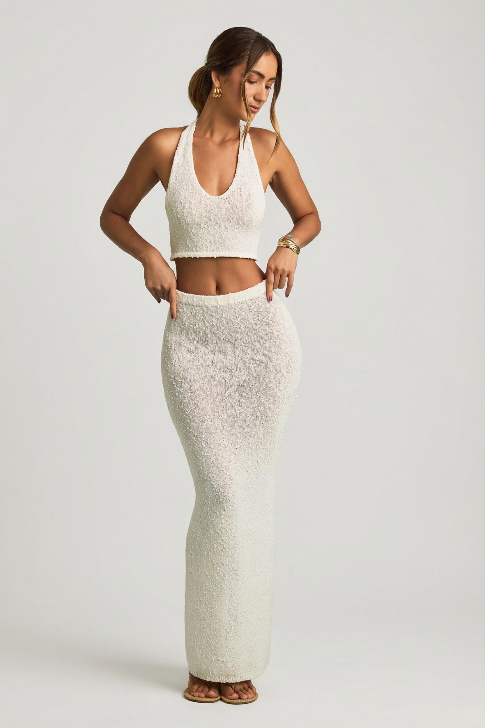 Bouclé Mid-Rise Maxi Skirt in White Product Image