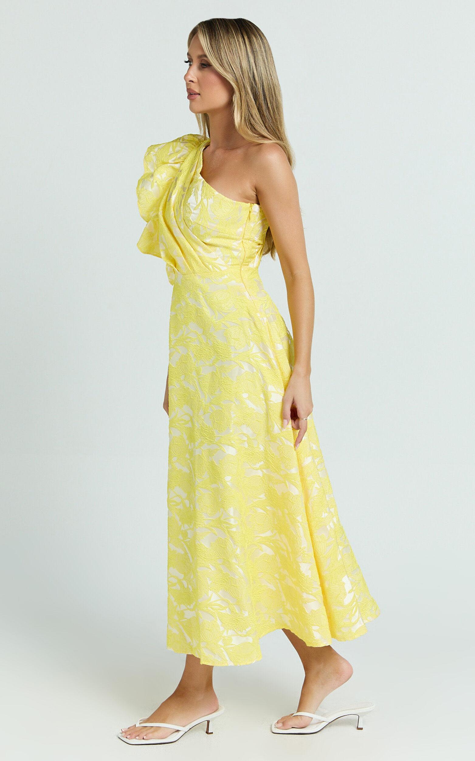 Alfreda Midi Dress - One Shoulder Ruffle Detail Brailey Jacquard Dress in Yellow Jacquard Product Image