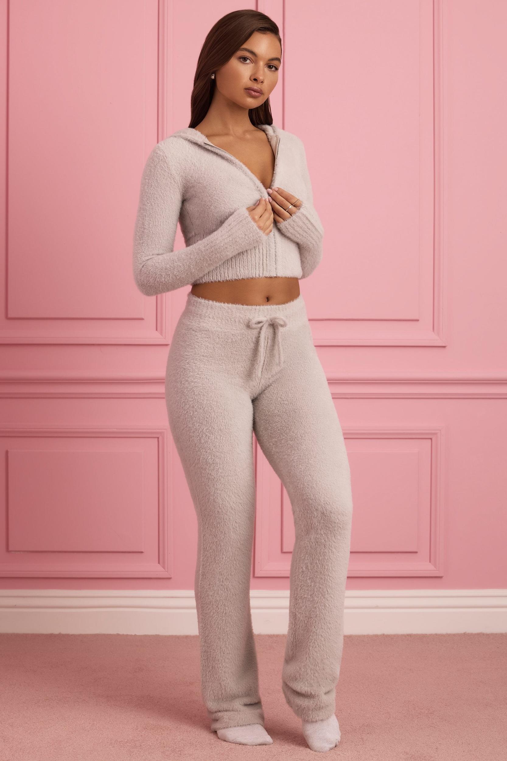 Fluffy Knit Wide-Leg Trousers in Cloud Grey Female Product Image