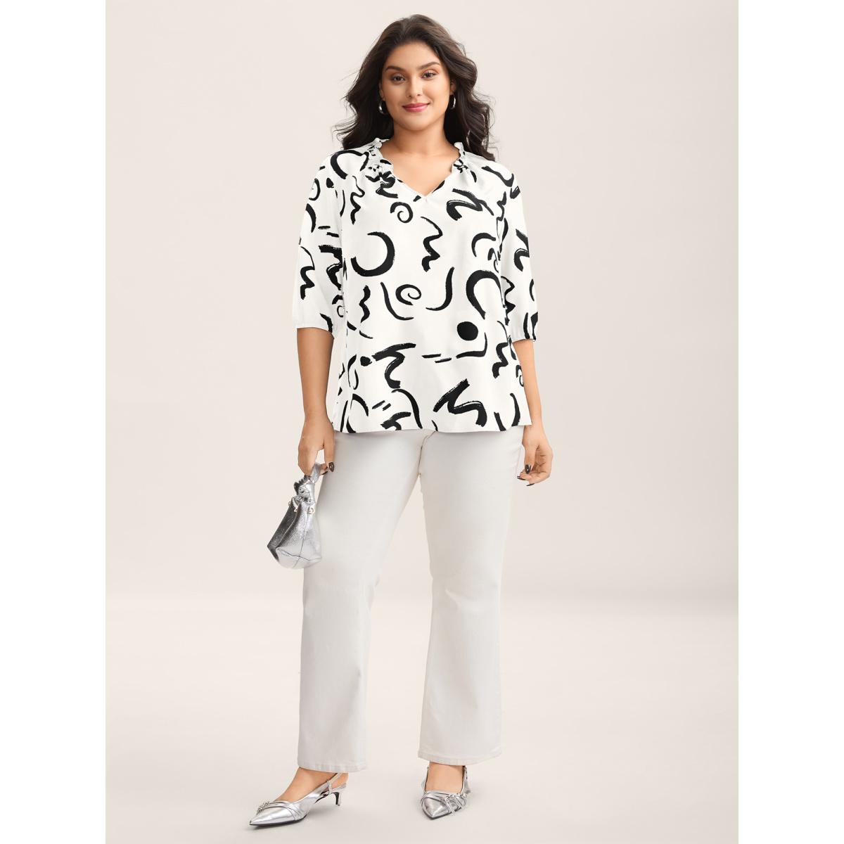 Plus Size Originalwhite Scribble Print Ruffled Split Neck Blouse Women Elbow-length sleeve Notched collar Work Blouses BloomChic 12/L Product Image