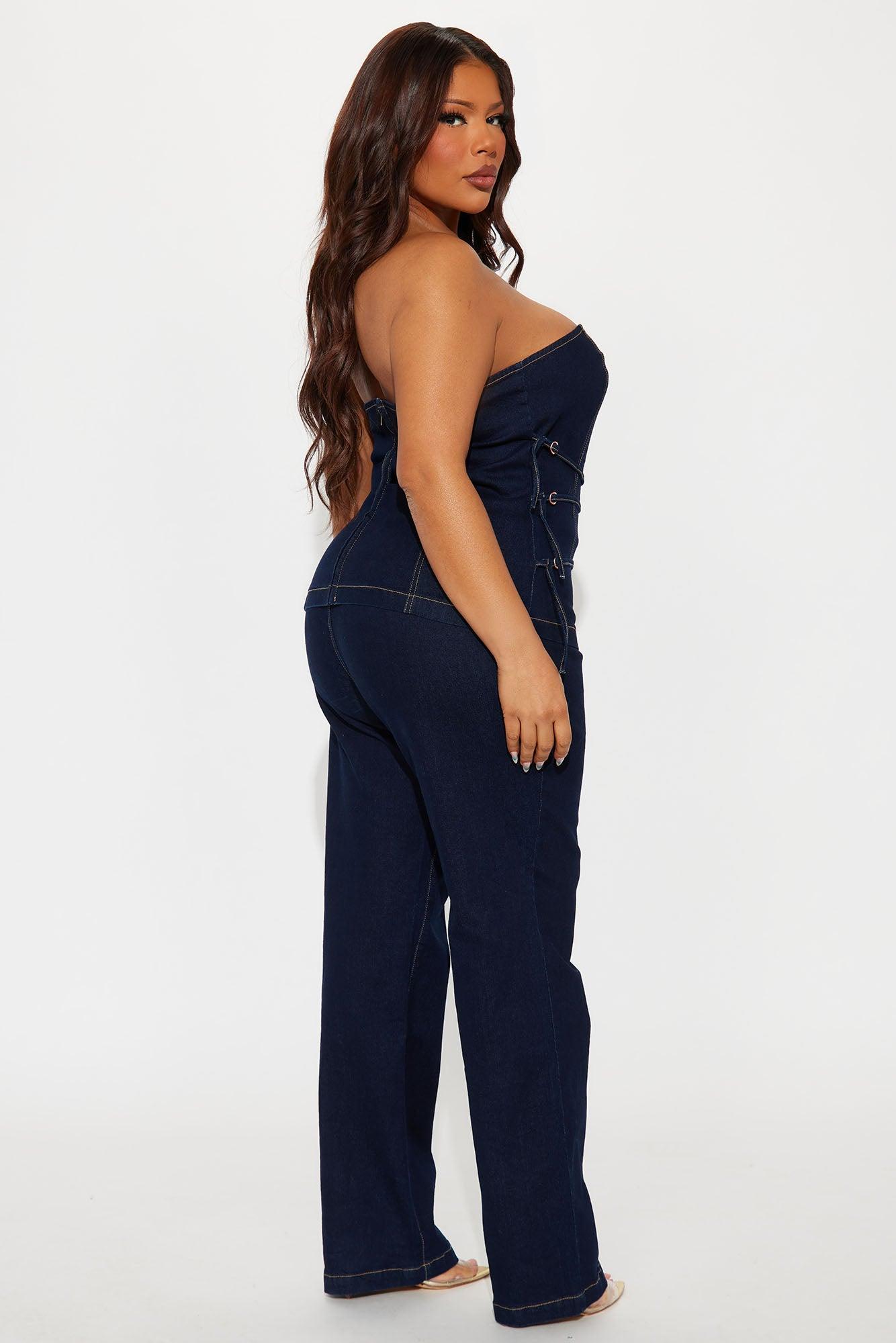 Belt It Down Strapless Denim Pant Set - Dark Wash Product Image