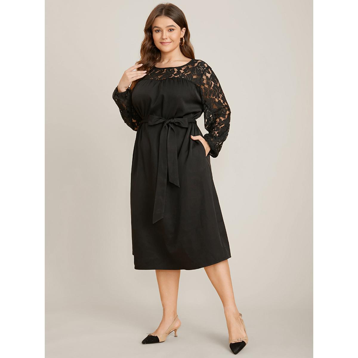 Plus Size Solid Round Neck Belted Contrast Lace Midi Dress Black Women Glamour Patchwork Round Neck Long Sleeve Curvy Midi Dress BloomChic 22-24/3X Product Image