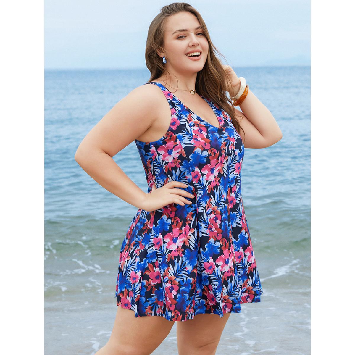 Plus Size Floral Print Ruffles Sculpt Waist A Line Swim Dress Women's Swimwear BlackFlower Vacation Bodycon V-neck High stretch Curve Swim Dresses BloomChic 30/6X Product Image