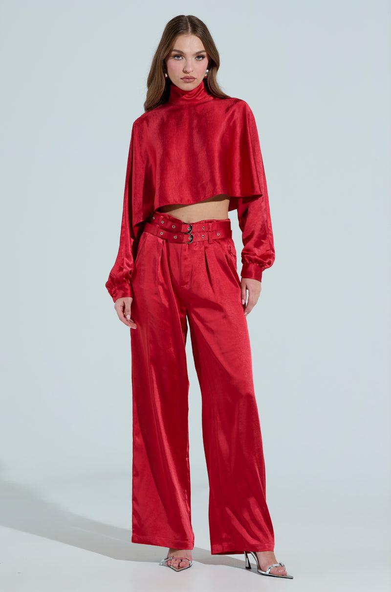 FEELIN' THE LOVE SATIN MOCK NECK BLOUSE IN RED Product Image