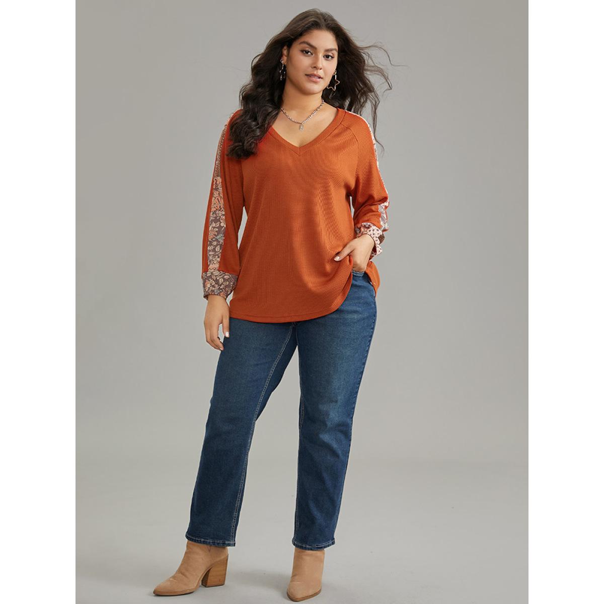 Plus Size Waffle Knit Boho Print Patchwork Raglan Sleeve T-shirt OrangeRed Women Elegant Bohemian Print V-neck Dailywear T-shirts BloomChic 10/M Product Image