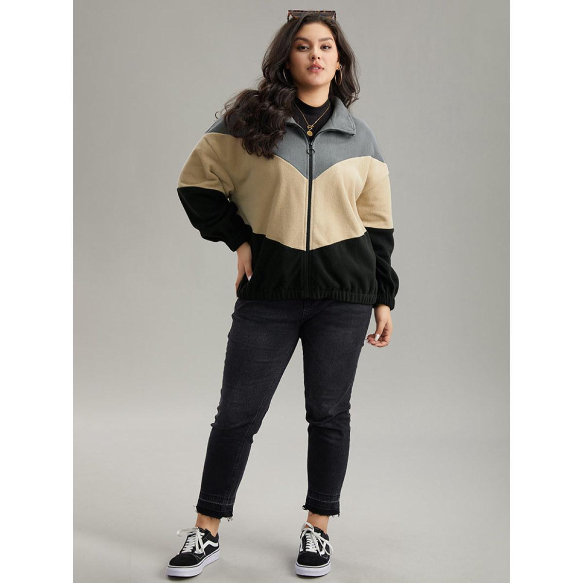Plus Size Colorblock Contrast Zipper Drop Shoulder Jacket Women Gray Elastic cuffs Dailywear Jackets BloomChic 18-20/2X Product Image