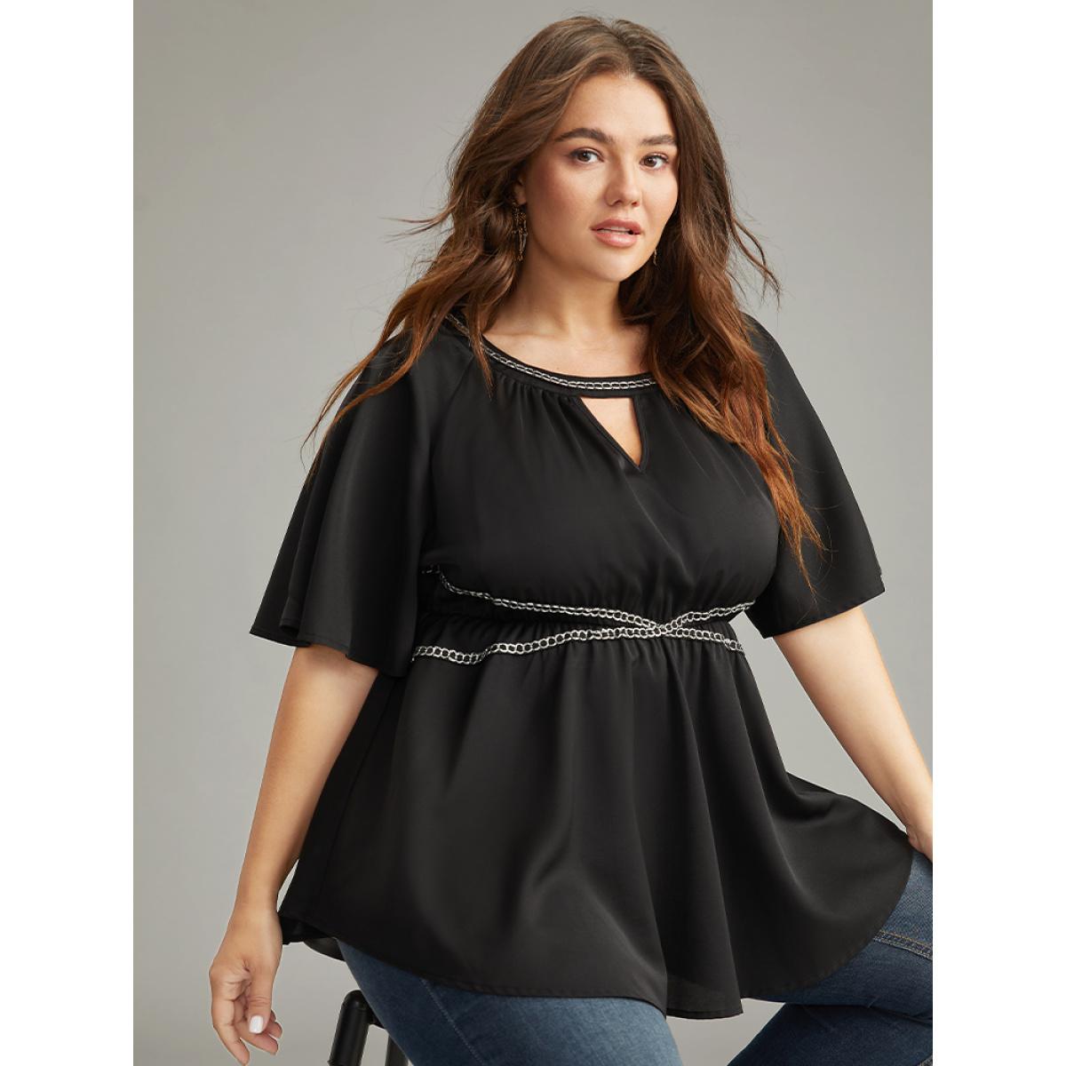Plus Size Black Halloween Chain Print Keyhole Flutter Sleeve Blouse Women Glamour Half Sleeve Round Neck Festival-Halloween Blouses BloomChic 26/4X Product Image