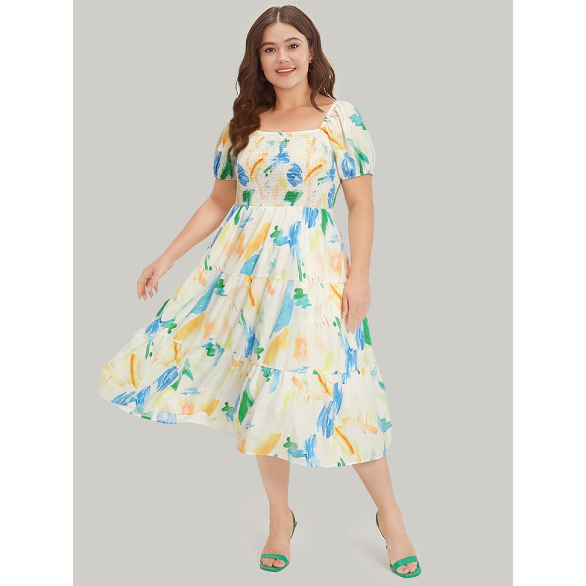 Plus Size Colour Geometric Print Square Neck Shirred Puff Sleeve Dress Multicolor Women Vacation Elastic cuffs Square Neck Short sleeve Curvy Midi Dress BloomChic 28/5X Product Image