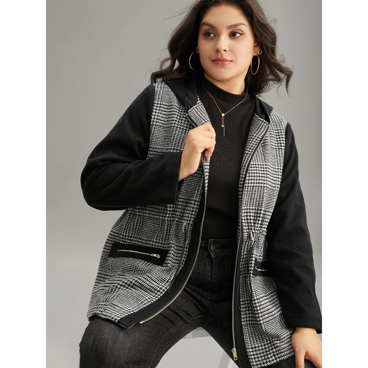 Plus Size Houndstooth Patchwork Zipper Drawstring Coat Women Gray Casual Lined Ladies Everyday Winter Coats BloomChic 26/4X Product Image