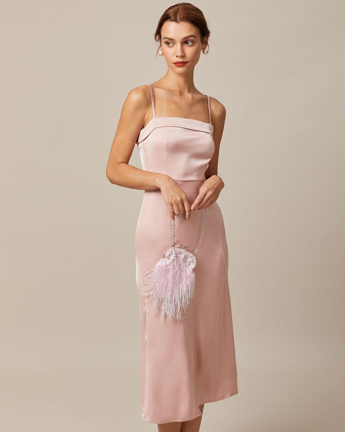 The Pink Bodycon Satin Cami Midi Dress Product Image