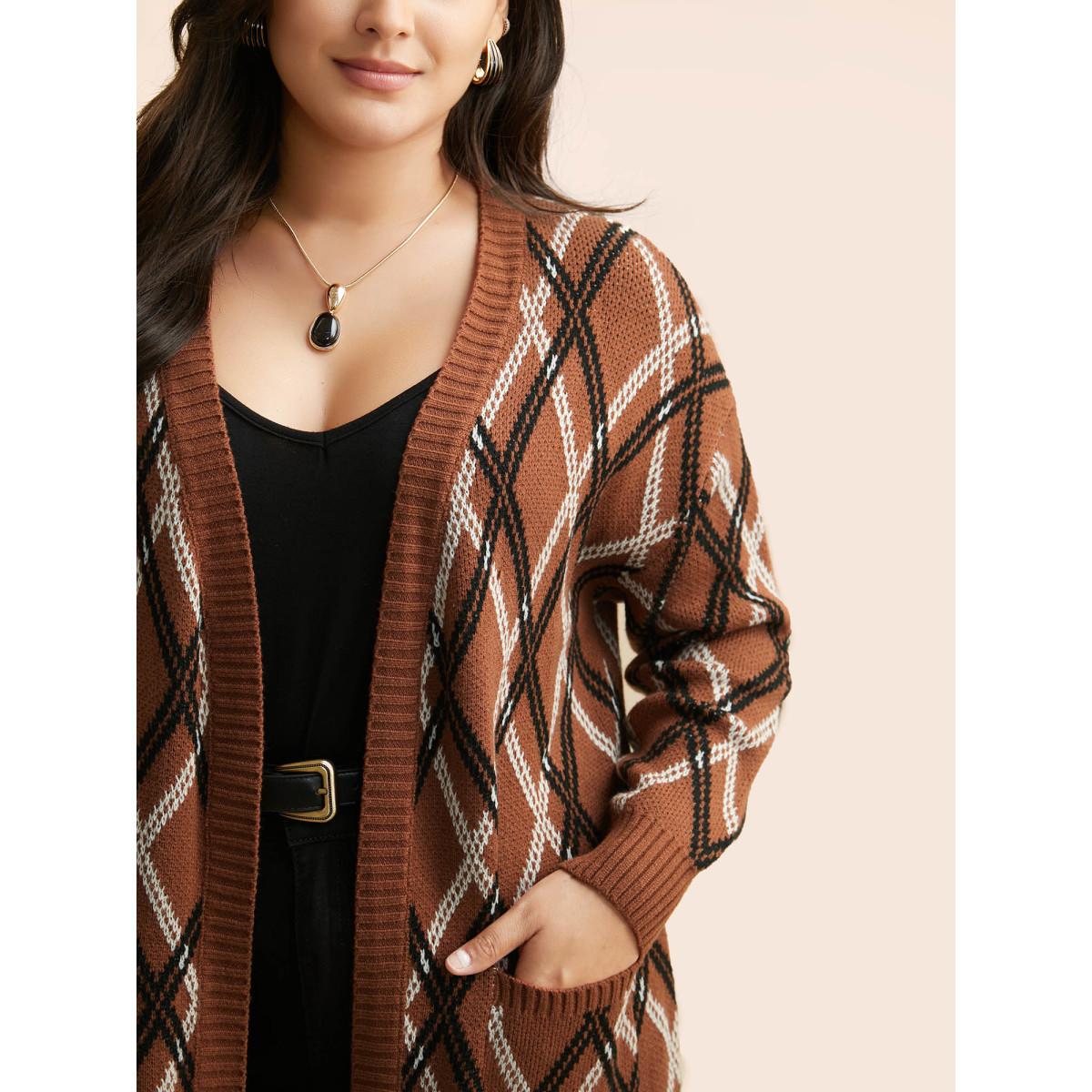 Plus Size Plaid Pocket Drop Shoulder Sleeve Cardigan Yellowishbrown Women Leisure Loose Long Sleeve Casual Cardigans BloomChic 14-16/1X Product Image