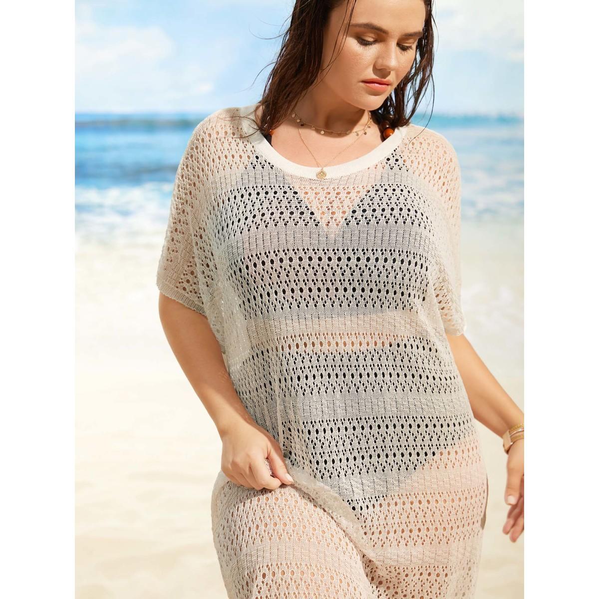 Plus Size Crew Neck Cut Out Dolman Sleeve Swim Cover Up Women's Swimwear Ivory Beach Loose Texture Curve Swim Cover Ups BloomChic 30/6X Product Image