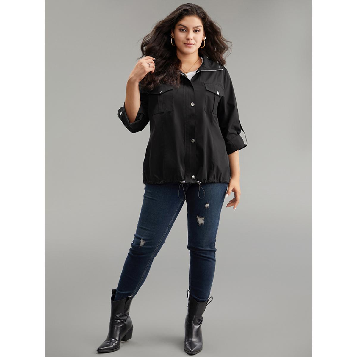 Plus Size Solid Zipper Detail Button Up Drawstring Jacket Women Black Plain Pocket Dailywear Jackets BloomChic 12/L Product Image